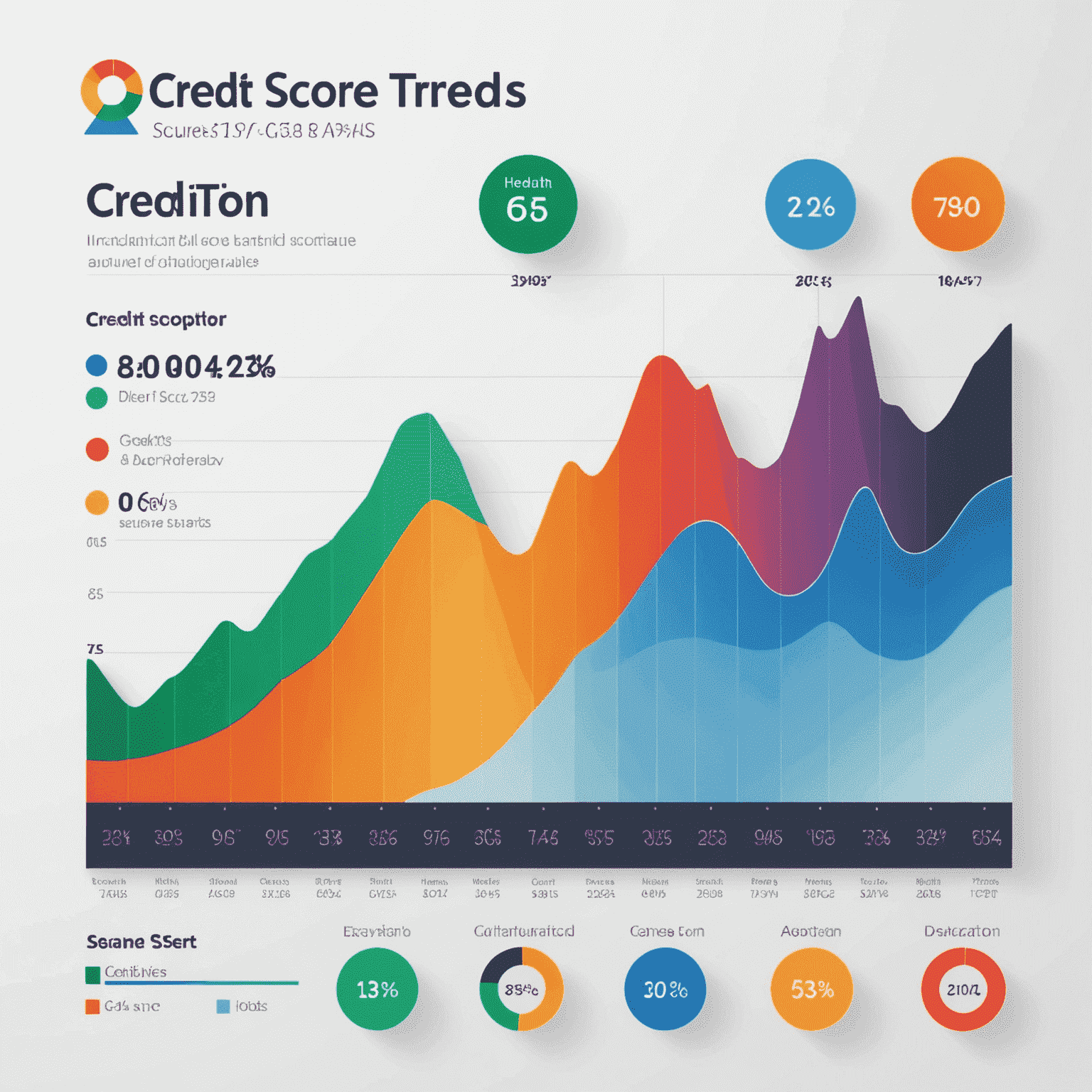 An interactive graph showing credit score trends over time, with markers for significant events and color-coded ranges indicating score health.