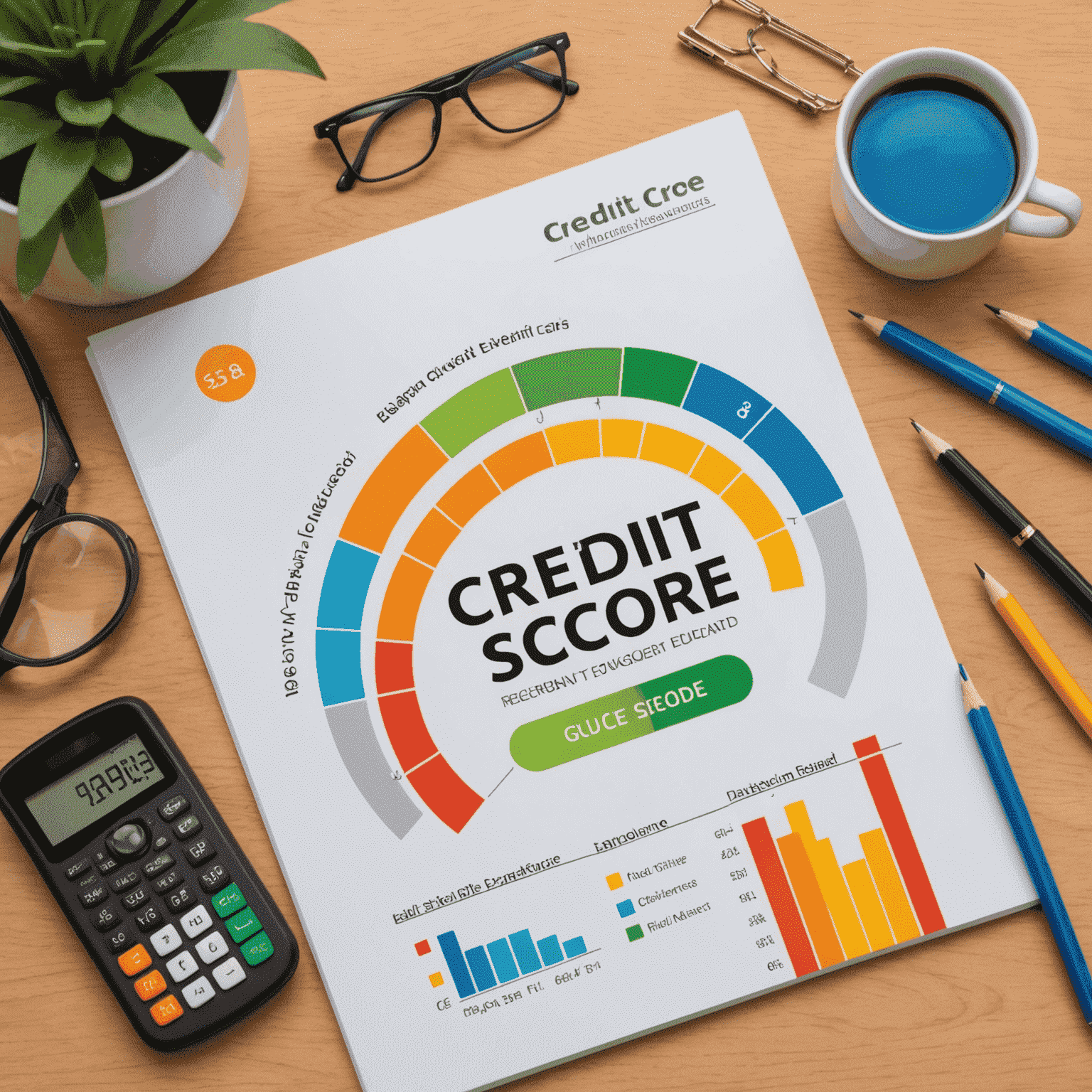 A graph showing an upward trend in credit score, with educational resources and tools
